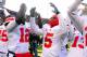 Nov 30, 2013; Ann Arbor, MI, USA; Ohio State Buckeyes quarterback Braxton Miller (5) celebrates with teammates after defeating the Michigan Wolverines 42-41at Michigan Stadium. Mandatory Credit: Andrew Weber-USA TODAY Sports