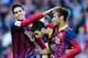 BARCELONA, SPAIN - NOVEMBER 23: Cesc Fabregas (C) of FC Barcelona celebrates with his teammates Marc Bartra (L) and Neymar after scoring his team's second goal from the penalty spot during the La Liga match between FC Barcelona and Granda CF at Camp Nou on November 23, 2013 in Barcelona, Spain. (Photo by David Ramos/Getty Images)