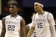 Dec 4, 2012; Lexington, KY, USA; Kentucky Wildcats forward Alex Poythress (22), guard Archie Goodwin (10) and forward Willie Cauley-Stein (15) walk on the court after a timeout in the game against the Samford Bulldogs at Rupp Arena. Kentucky defeated Samford 88-56. Mandatory Credit: Mark Zerof-USA TODAY Sports