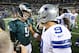 Dec 2, 2012; Arlington, TX, USA; Dallas Cowboys quarterback Tony Romo (9) talks after the game with Philadelphia Eagles quarterback Nick Foles (9) at Cowboys Stadium. Mandatory Credit: Matthew Emmons-USA TODAY Sports
