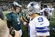 Dec 2, 2012; Arlington, TX, USA; Dallas Cowboys quarterback Tony Romo (9) talks after the game with Philadelphia Eagles quarterback Nick Foles (9) at Cowboys Stadium. Mandatory Credit: Matthew Emmons-USA TODAY Sports