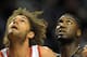 Dec 2, 2013; Portland, OR, USA; Portland Trail Blazers center Robin Lopez (42) and Indiana Pacers center Roy Hibbert (55) battle for position during the first quarter of the game at the Moda Center. Mandatory Credit: Steve Dykes-USA TODAY Sports