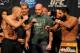 Nov 15, 2013; Las Vegas, NV, USA; UFC 167 Welterweight challenger Georges St. Pierre (left) and welterweight champion Johny Hendricks pose for photographs with UFC president Dana White during the official weigh-in of UFC 167 at MGM Grand Garden Arena. Mandatory Credit: Stephen R. Sylvanie-USA TODAY Sports