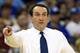CHARLOTTE, NC - MARCH 20: Head coach Mike Krzyzewski of the Duke Blue Devils reacts while taking on the Michigan Wolverines during the third round of the 2011 NCAA men's basketball tournament at Time Warner Cable Arena on March 20, 2011 in Charlotte, North Carolina. (Photo by Streeter Lecka/Getty Images)