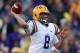 BATON ROUGE, LA - NOVEMBER 29: Quarterback Zach Mettenberger #8 of the LSU Tigers throws a a pass against the Arkansas Razorbacks at Tiger Stadium on November 29, 2013 in Baton Rouge, Louisiana. (Photo by Chris Graythen/Getty Images)