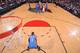 PORTLAND, OR - APRIL 12: Russell Westbrook #0 of the Oklahoma City Thunder awaits the result of the opening tip off against the Portland Trail Blazers on April 12, 2013 at the Rose Garden Arena in Portland, Oregon. NOTE TO USER: User expressly acknowledges and agrees that, by downloading and or using this photograph, user is consenting to the terms and conditions of the Getty Images License Agreement. Mandatory Copyright Notice: Copyright 2013 NBAE (Photo by Sam Forencich/NBAE via Getty Images)