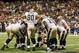 September 23, 2012; New Orleans, LA, USA; New Orleans Saints quarterback Drew Brees (9) talks with his team in the offensive huddle during overtime of a game against the Kansas City Chiefs at the Mercedes-Benz Superdome. The Chiefs defeated the Saints 27-24 in overtime. Mandatory Credit: Derick E. Hingle-USA TODAY Sports