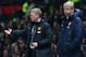 MANCHESTER, ENGLAND - NOVEMBER 10: Manchester United Manager David Moyes reacts as Arsenal Manager Arsene Wenger looks on during the Barclays Premier League match between Manchester United and Arsenal at Old Trafford on November 10, 2013 in Manchester, England. (Photo by Alex Livesey/Getty Images)