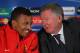 MANCHESTER, ENGLAND - NOVEMBER 21: Sir Alex Ferguson the manager of Manchester United talks with Nani during a press conference ahead of the UEFA Champions League Group C match against Benfica held at Old Trafford on November 21, 2011 in Manchester, England. (Photo by Alex Livesey/Getty Images)
