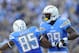 Dec 1, 2013; San Diego, CA, USA; San Diego Chargers tight end Ladarius Green (89) celebrates with tight end Antonio Gates (85) after a touchdown reception during the first half against the Cincinnati Bengals at Qualcomm Stadium. Mandatory Credit: Christopher Hanewinckel-USA TODAY Sports