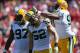 SAN FRANCISCO, CA - SEPTEMBER 08: (L-R) Johnny Jolly #97, Clay Matthews #52, and B.J. Raji of the Green Bay Packers react after a play during the game against the San Francisco 49ers at Candlestick Park on September 8, 2013 in San Francisco, California. (Photo by Jeff Gross/Getty Images)