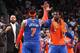 NEW YORK, NY - DECEMBER 5: Carmelo Anthony #7 of the New York Knicks high fives teammate Amar'e Stoudemire #1 of the New York Knicks during a game against the Brooklyn Nets at Barclays Center on December 5, 2013 in the Brooklyn borough of New York City. NOTE TO USER: User expressly acknowledges and agrees that, by downloading and/or using this Photograph, user is consenting to the terms and conditions of the Getty Images License Agreement. Mandatory Copyright Notice: Copyright 2013 NBAE (Photo by Nathaniel S. Butler/NBAE via Getty Images)