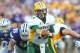 Aug 30, 2013; Manhattan, KS, USA; North Dakota State Bison quarterback Brock Jensen (16) hands off the ball during first-half action against the Kansas State Wildcats at Bill Snyder Family Stadium. Mandatory Credit: Scott Sewell-USA TODAY Sports