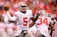 Dec 7, 2013; Indianapolis, IN, USA; Ohio State Buckeyes quarterback Braxton Miller (5) throws a pass during the third quarter of the 2013 Big 10 Championship game against the Michigan State Spartans at Lucas Oil Stadium. Mandatory Credit: Andrew Weber-USA TODAY Sports