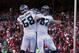 Dec 8, 2013; San Francisco, CA, USA; Seattle Seahawks tight end Luke Willson (82) is congratulated by tackle Breno Giacomini (68) after catching a touchdown pass against the San Francisco 49ers in the second quarter at Candlestick Park. Mandatory Credit: Cary Edmondson-USA TODAY Sports
