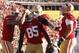 Dec 8, 2013; San Francisco, CA, USA; San Francisco 49ers tight end Vernon Davis (85) is congratulated by teammates after catching a touchdown pass against the Seattle Seahawks in the second quarter at Candlestick Park. Mandatory Credit: Cary Edmondson-USA TODAY Sports