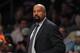 Dec 5, 2013; Brooklyn, NY, USA; New York Knicks head coach Mike Woodson coaches against the Brooklyn Nets during the second quarter of a game at Barclays Center. Mandatory Credit: Brad Penner-USA TODAY Sports