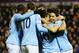WEST BROMWICH, ENGLAND - DECEMBER 04: Sergio Aguero (2nd right) of Manchester City celebrates with Samir Nasri (right) and team mates after scoring during the Barclays Premier League match between West Bromwich Albion and Manchester City at The Hawthorns on December 4, 2013 in West Bromwich, England. (Photo by Ross Kinnaird/Getty Images)