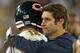 GREEN BAY, WI - NOVEMBER 04: Jay Cutler #6 of the Chicago Bears (R), who is injured, hugs Josh McCown #12 at the end of the game against the Green Bay Packers at Lambeau Field on November 4, 2013 in Green Bay, Wisconsin. The Bears defeated the Packers 27-20. (Photo by Jonathan Daniel/Getty Images)