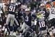 Dec 8, 2013; Foxborough, MA, USA; New England Patriots kicker Stephen Gostkowski (3) celebrates after a successful onside kick against the Cleveland Browns during the fourth quarter at Gillette Stadium. Mandatory Credit: Stew Milne-USA TODAY Sports