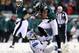 PHILADELPHIA, PA - DECEMBER 08: Bryce Brown #34 of the Philadelphia Eagles avoids getting tackled by Chris Houston #23 of the Detroit Lions on December 8, 2013 at Lincoln Financial Field in Philadelphia, Pennsylvania.The Philadelphia Eagles defeated the Detroit Lions 34-20. (Photo by Elsa/Getty Images)
