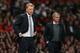MANCHESTER, ENGLAND - AUGUST 26: Manchester United Manager David Moyes and Chelsea Manager Jose Mourinho (R) look on during the Barclays Premier League match between Manchester United and Chelsea at Old Trafford on August 26, 2013 in Manchester, England. (Photo by Alex Livesey/Getty Images)