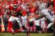 KANSAS CITY, MO - OCTOBER 13: Quintin Demps #35 of the Kansas City Chiefs returns an interception past Mychal Rivera #81 of the Oakland Raiders in the third quarter October 13, 2013 at Arrowhead Stadium in Kansas City, Missouri. (Photo by Kyle Rivas/Getty Images)
