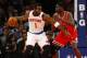 Dec 11, 2013; New York, NY, USA; New York Knicks power forward Amar'e Stoudemire (1) goes to the basket against Chicago Bulls point guard Mike James (8) in the first half at Madison Square Garden. Mandatory Credit: Noah K. Murray-USA TODAY Sports