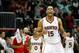 Nov 29, 2013; Atlanta, GA, USA; Atlanta Hawks center Al Horford (15) celebrates a victory against the Dallas Mavericks in the fourth quarter at Philips Arena. The Hawks defeated the Mavericks 88-87. Mandatory Credit: Brett Davis-USA TODAY Sports