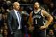 Dec 13, 2013; Auburn Hills, MI, USA; Brooklyn Nets head coach Jason Kidd and point guard Deron Williams (8) look on during the second quarter against the Detroit Pistons at The Palace of Auburn Hills. Pistons beat the Nets 103-99. Mandatory Credit: Raj Mehta-USA TODAY Sports