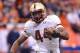 Nov 30, 2013; Syracuse, NY, USA; Boston College Eagles running back Andre Williams (44) runs around the end during the first quarter of a game against the Syracuse Orange at the Carrier Dome.Syracuse won the game 34-31. Mandatory Credit: Mark Konezny-USA TODAY Sports