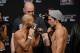 December 13, 2013; Sacramento, CA, USA; UFC flyweight championship fighters Demetrious Johnson (left) and Joseph Benavidez (right) face-off in front of UFC president Dana White (center) in the official weigh-in for UFC on FOX 9 at Sleep Train Arena. Mandatory Credit: Kyle Terada-USA TODAY Sports