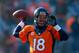 DENVER, CO - DECEMBER 8: Quarterback Peyton Manning #18 of the Denver Broncos warms up on the field before taking on the Tennessee Titans at Sports Authority Field on December 8, 2013 in Denver, Colorado. (Photo by Justin Edmonds/Getty Images)