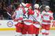 EDMONTON, AB - DECEMBER 10: Jeff Skinner #53, Manny Malhotra #22, Ryan Murphy #7 and Elias Lindholm #16 of the Carolina Hurricanes celebrate after a goal in a game against the Edmonton Oilers on December 10, 2013 at Rexall Place in Edmonton, Alberta, Canada. (Photo by Andy Devlin/NHLI via Getty Images)
