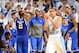 Dec 14, 2013; Chapel Hill, NC, USA; Kentucky Wildcats guard Aaron Harrison (2) and forward Willie Cauley-Stein (15) and North Carolina Tar Heels guard Marcus Paige (5) react after the game at Dean E. Smith Student Activities Center. Mandatory Credit: Bob Donnan-USA TODAY Sports