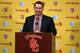 LOS ANGELES, CA - DECEMBER 03: Steve Sarkisian speaks at a press conference introducing him as the new USC head football coach at the John McKay Center at the University of Southern California on December 3, 2013 in Los Angeles, California. (Photo by Stephen Dunn/Getty Images)