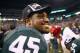 INDIANAPOLIS, IN - DECEMBER 07: Darien Harris #45 of the Michigan State Spartans celebrates after Michigan State beat Ohio State Buckeyes 34-24 in the Big Ten Championship at Lucas Oil Stadium on December 7, 2013 in Indianapolis, Indiana. (Photo by Andy Lyons/Getty Images)