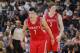 OAKLAND, CA - FEBRUARY 12: Jeremy Lin #7 and Omer Asik #3 of the Houston Rockets in a game against the Golden State Warriors on February 12, 2013 at Oracle Arena in Oakland, California. NOTE TO USER: User expressly acknowledges and agrees that, by downloading and or using this photograph, user is consenting to the terms and conditions of Getty Images License Agreement. Mandatory Copyright Notice: Copyright 2013 NBAE (Photo by Rocky Widner/NBAE via Getty Images)