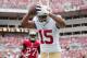 Dec 15, 2013; Tampa, FL, USA; San Francisco 49ers wide receiver Michael Crabtree (15) catches a touchdown pass during the first quarter of the game against the Tampa Bay Buccaneers at Raymond James Stadium. Mandatory Credit: Rob Foldy-USA TODAY Sports