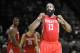 Nov 30, 2013; San Antonio, TX, USA; Houston Rockets guard James Harden (13) reacts against the San Antonio Spurs during the second half at the AT&T Center. Houston beat San Antonio 112-106. Mandatory Credit: Brendan Maloney-USA TODAY Sports