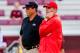 Georgia Bulldogs defensive coordinator Todd Grantham and offensive coordinator Mike Bobo speka before the game against the South Carolina Gamecocks at Williams-Brice Stadium. Mandatory Credit: Jeff Blake-USA TODAY Sports