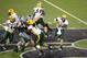 Aug 30, 2013; Manhattan, KS, USA; North Dakota State Bison quarterback Brock Jensen (16) makes a pass during a 24-21 win against the Kansas State Wildcats at Bill Snyder Family Stadium. Mandatory Credit: Scott Sewell-USA TODAY Sports