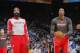OAKLAND, CA - DECEMBER 13: James Harden #13 and Dwight Howard #12 of the Houston Rockets warm up prior to the game against the Golden State Warriors on December 13, 2013 at Oracle Arena in Oakland, California. NOTE TO USER: User expressly acknowledges and agrees that, by downloading and or using this photograph, user is consenting to the terms and conditions of Getty Images License Agreement. Mandatory Copyright Notice: Copyright 2013 NBAE (Photo by Rocky Widner/NBAE via Getty Images)