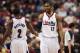 Dec 14, 2013; Philadelphia, PA, USA; Portland Trail Blazers forward LaMarcus Aldridge (12) celebrates with guard Wesley Matthews (2) during the third quarter against the Philadelphia 76ers at the Wells Fargo Center. The Trail Blazers defeated the Sixers 139-105. Mandatory Credit: Howard Smith-USA TODAY Sports