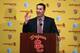 LOS ANGELES, CA - DECEMBER 03: Steve Sarkisian speaks at a press conference introducing him as the new USC head football coach at the John McKay Center at the University of Southern California on December 3, 2013 in Los Angeles, California. (Photo by Stephen Dunn/Getty Images)