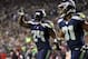 Sep 15, 2013; Seattle, WA, USA; Seattle Seahawks running back Marshawn Lynch (24) celebrates after rushing for a touchdown against the San Francisco 49ers during the third quarter at CenturyLink Field. Mandatory Credit: Joe Nicholson-USA TODAY Sports
