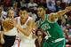 HOUSTON, TX - NOVEMBER 19: Jeremy Lin #7 of the Houston Rockets drives with the ball past Courtney Lee #11 of the Boston Celtics at the Toyota Center on November 19, 2013 in Houston, Texas. NOTE TO USER: User expressly acknowledges and agrees that, by downloading and or using this photograph, User is consenting to the terms and conditions of the Getty Images License Agreement. (Photo by Scott Halleran/Getty Images)