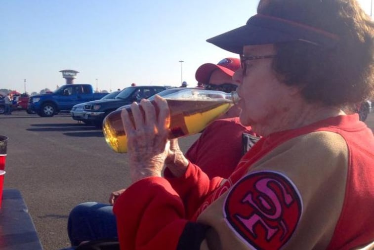 Elderly Woman Drinks Malt Liquor, Tailgates for 49ers Game Like a Boss