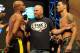 Jul 5, 2013; Las Vegas, NV, USA; Dana White (center) separates Anderson Silva and Chris Weidman (right) at today's weighs-in for their UFC fight at the Mandalay Bay Event Center. Silva takes on Weidman at the MGM Grand Garden Arena July 6. Mandatory Credit: Jayne Kamin-Oncea-USA TODAY Sports