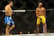 Jul 6, 2013; Las Vegas, NV, USA; Chris Weidman, blue shorts, defeated Anderson Silva (yellow shorts) in the second round with a TKO in their Middleweight Chamionship Bout at the MGM Grand Garden Arena. Mandatory Credit: Jayne Kamin-Oncea-USA TODAY Sports